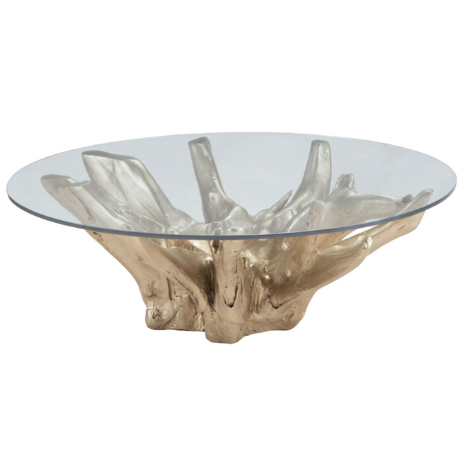 Round Gold Root Coffee Table with Glass Top