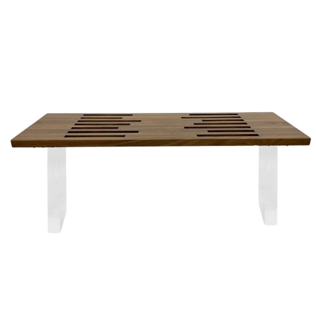 Mid Century Walnut Slat Bench with Acrylic Legs