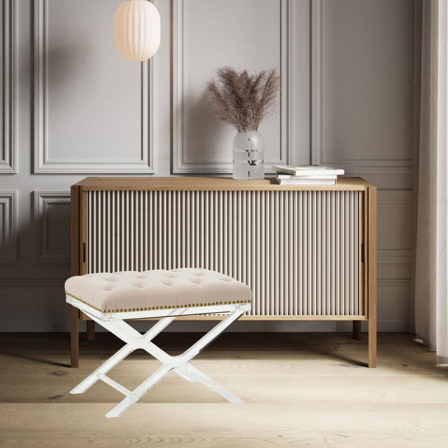 tan linen ottoman stool clear lucite Chelsea House Soho Tufted Acrylic Bench