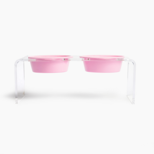 Medium Clear Double Pet Bowl Feeder with Color Bowls pink Hiddin