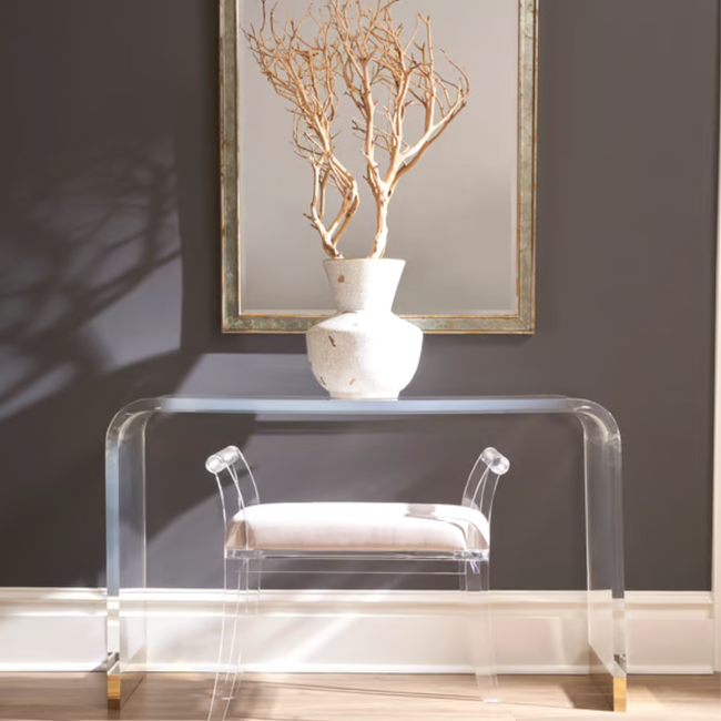 Chelsea house acrylic clear lucite waterfall console table with gold accents