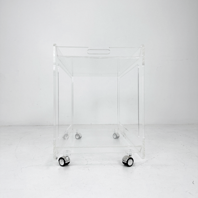 lucite clear acrylic rolling wheels 1970's Style Cut Out Bar Cart