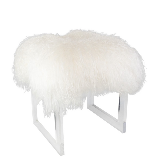 Cut Out Stool with lucite clear acrylic glam Cut Out Stool Mongolian Fur Top