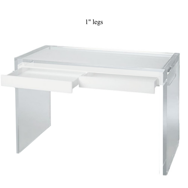 White Lacquer 2 Drawer Desk with Ultra Thick Lucite Legs,