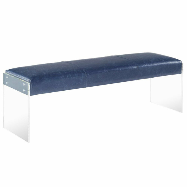 faux leather bench seat in navy blue leather with clear lucite acrylic legs tov envy