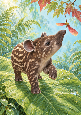 A spotted tapir calf reaches toward a red paired-wing seed among ferns and dew-covered foliage on a blue-green background.