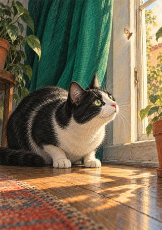 Black-and-white cat crouching on a wooden floor and watching a small moth near a sunlit open window with a green curtain and potted plants.