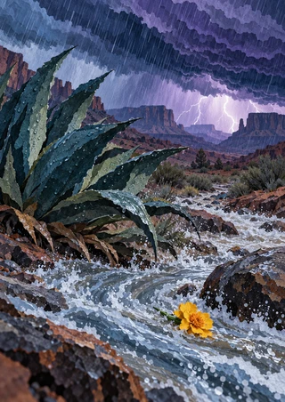 A spiky agave-like plant beside a rushing rocky arroyo, with a yellow flower, rain, lightning, mesas, and dark storm clouds.