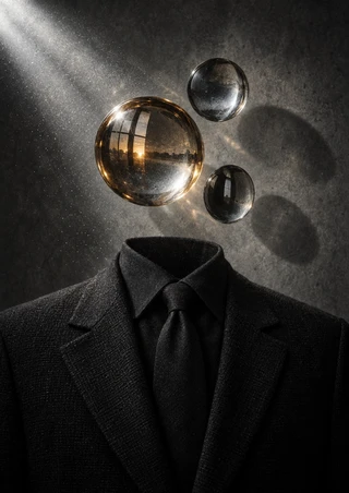 Three reflective glass spheres, including one amber sphere, hover above a charcoal jacket and tie as a beam of light casts soft shadows.