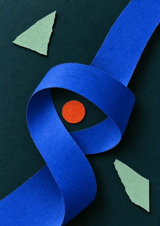 Cobalt-blue ribbon forms a broad loop around an orange disk, with two pale mint fragments on a deep teal background.