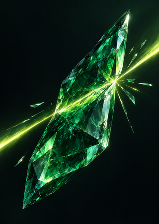 An elongated faceted emerald-green shard crosses a luminous chartreuse beam, scattering small angular fragments against a dark green background.