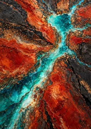 Branching turquoise vein cutting through rust-red, sienna, copper, and charcoal geological textures.
