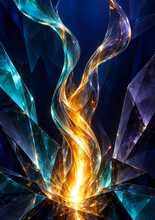 Luminous amber plume twisting upward through indigo, with two curling ribbons and turquoise and violet facets.