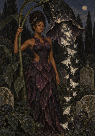 Woman in a plum gown holding a tall bellflower stem, with pale moths falling from its dark bloom in a moonlit garden.