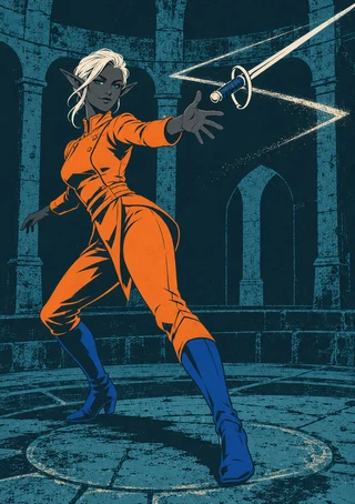 White-haired dark elf in orange fencing clothes and blue boots reaching for a floating sword in a turquoise stone arena.