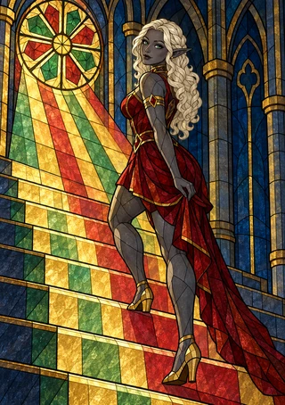 Platinum-haired dark elf in a red dress and gold shoes ascending coloured stairs beside a bright circular stained-glass window.