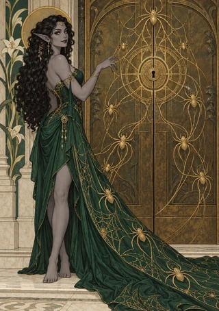Dark-haired elf in an emerald gown with a gold spider-patterned train before a bronze door covered in webs around a central keyhole.
