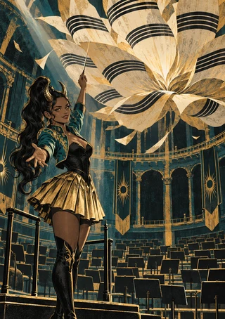 Horned Queen Tavira in teal, black and gold raising a baton beneath a large folded paper flower in an empty auditorium.