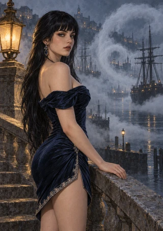 Dark-haired siren in a midnight-blue gown resting a hand on a stone rail beside a lantern and fog-ringed harbour.
