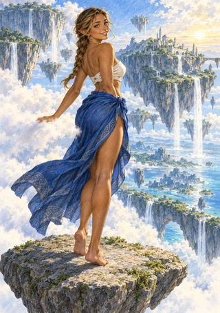 Blonde pointed-eared elf in white and blue standing on a rock above floating islands, waterfalls and pale towers.