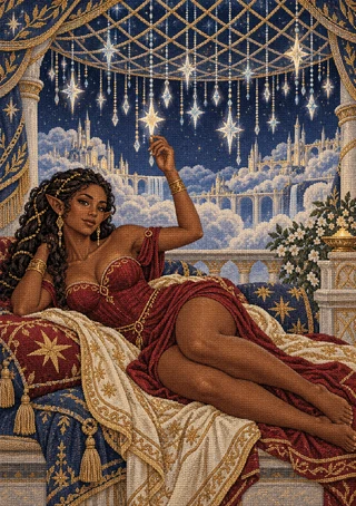 Pointed-eared elf reclining in ruby and cream beneath hanging stars and golden mesh above a cloud city.