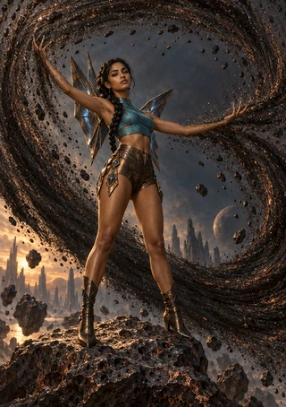 Fairy in turquoise and bronze extending her arms beneath an arc of floating dark sand and rocks, with faceted metallic wings.