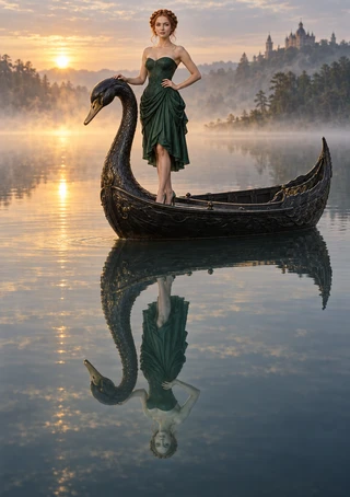Copper-haired queen in a green gown on a black swan boat above a separate supernatural reflection in a misty lake.