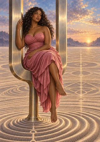Oracle in a rose dress seated within a giant golden tuning fork above circular sand patterns at sunset.