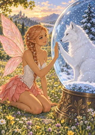Pink-winged fairy touching a glass snow globe as a white fox raises a paw from its snowy forest, surrounded by summer flowers.
