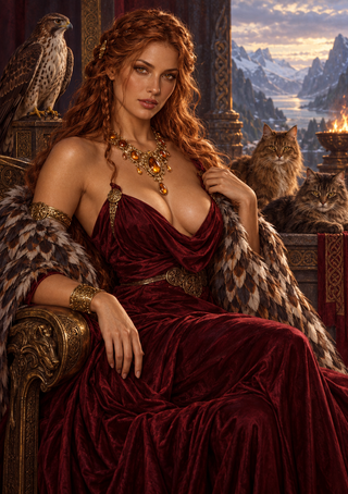 Red-haired woman in a burgundy gown seated on an ornate throne with two cats, a bird of prey, and mountains behind her.