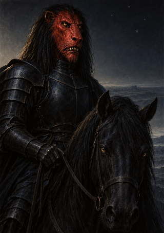 Red-faced, dark-maned armored rider on a black horse beneath a star-speckled night sky.