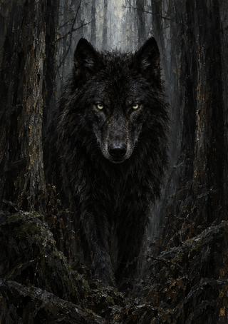 Front-facing black wolf with pale eyes in a dim forest, framed by tree trunks, tangled roots, and branches.