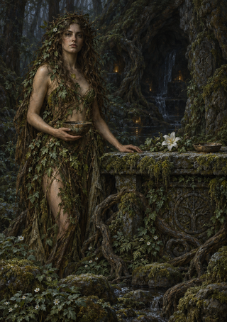 Leafy-clad woman holding a shallow bowl beside a moss-covered stone altar with white flowers in a shadowy forest grotto.