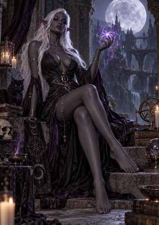 White-haired pointed-eared woman holds violet magic on stone steps beside a black cat and gothic castle.