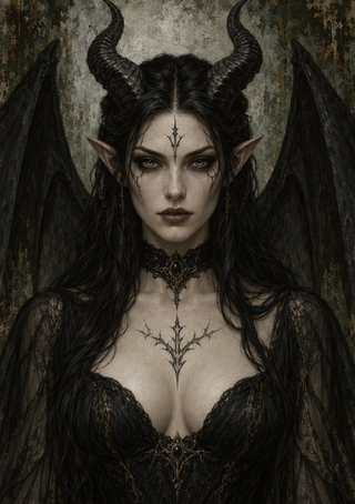 Pale, horned fantasy woman with pointed ears and dark wings, framed by thorn-like markings on her forehead and chest.
