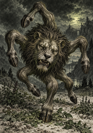 A snarling, shaggy lionlike creature with multiple overlapping limbs stands before a ruined fortress and river valley.