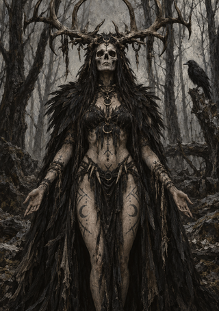 A pale, skull-faced woman in a black feathered mantle stands among bare trees as a raven perches on a branch.