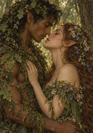 A pointed-eared man and flower-crowned woman lean toward a kiss, surrounded by dense leaves and blossoms.