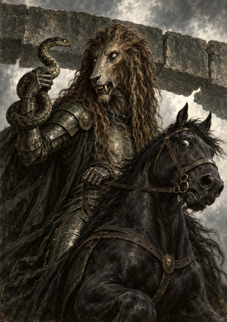 Lion-headed armored rider on a black horse holds a coiled snake before a stone wall.