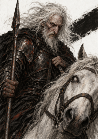 An older white-haired armored man with a spear beside a close-cropped pale horse.