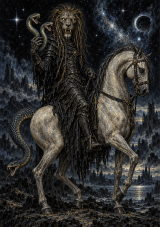 Lion-headed armored rider on a pale horse with snakes beneath a starry sky and dark moon.