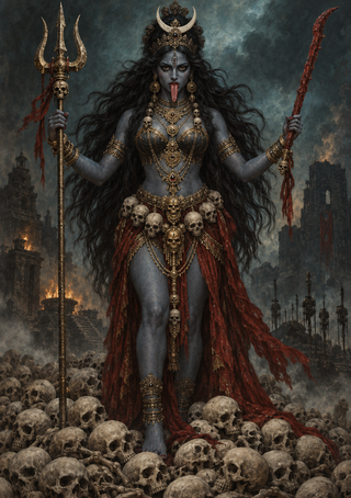 Blue-gray four-armed goddess figure holding a trident amid skulls, with gold ornaments, red drapery, and a smoky ruined background.