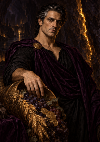 Seated man in a deep-purple cloak beside a vessel filled with grapes, wheat, leaves, and coins in a dark cavern.