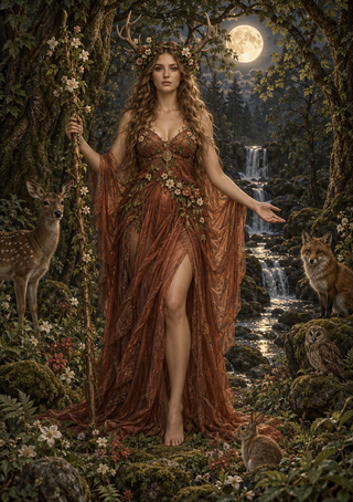 Woman in a rust-red floral gown holding a flowering branch in a moonlit forest with a waterfall, stream, deer, fox, owl, and rabbit.