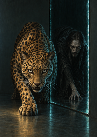 Spotted big cat beside a tall blue-edged reflective panel showing a crouched, long-haired figure in a dark room.