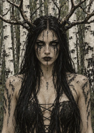 Dark-haired woman with facial streaks standing before pale birch trunks and branches that frame her head.