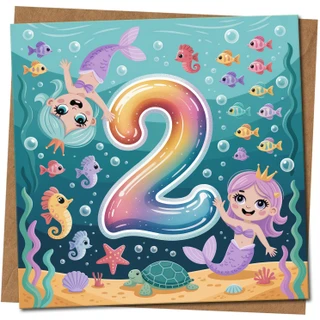 Age 2 Mermaid Birthday Card for Girls - Cute Under the Sea Design, 145mm x 145mm Square, Includes Kraft Envelope
