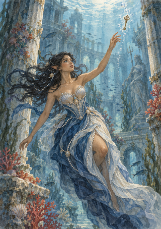 Woman in a flowing blue-and-white gown reaches toward a floating key among bubbles, fish, and underwater ruins.