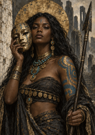 Dark-haired woman holding a weathered gold mask and staff before a circular disk and ruined architecture.