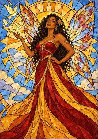 Stained-glass-style winged woman in a red-and-gold gown with a circular sunburst and two white birds.